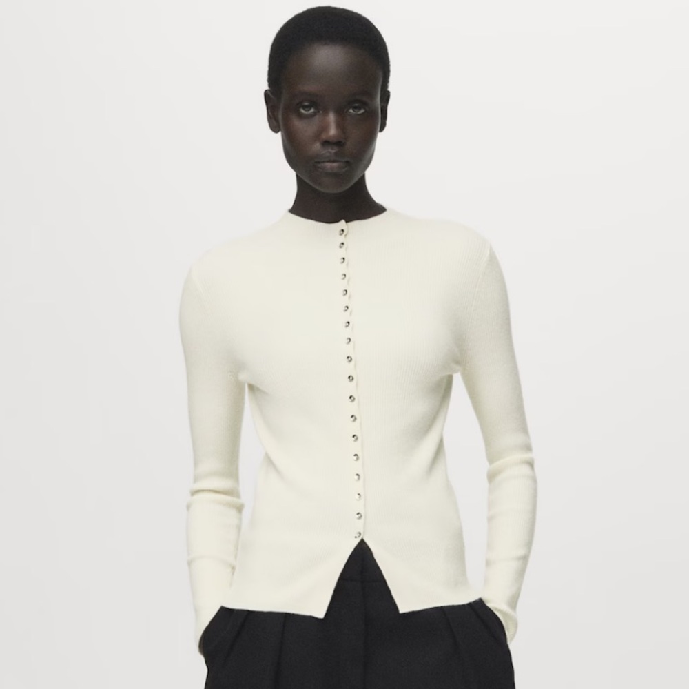 Mango XL Ivory Fine Knit Ribbed Mock Neck Mini Button Front Wool Blend Cardigan - Picture 3 of 16